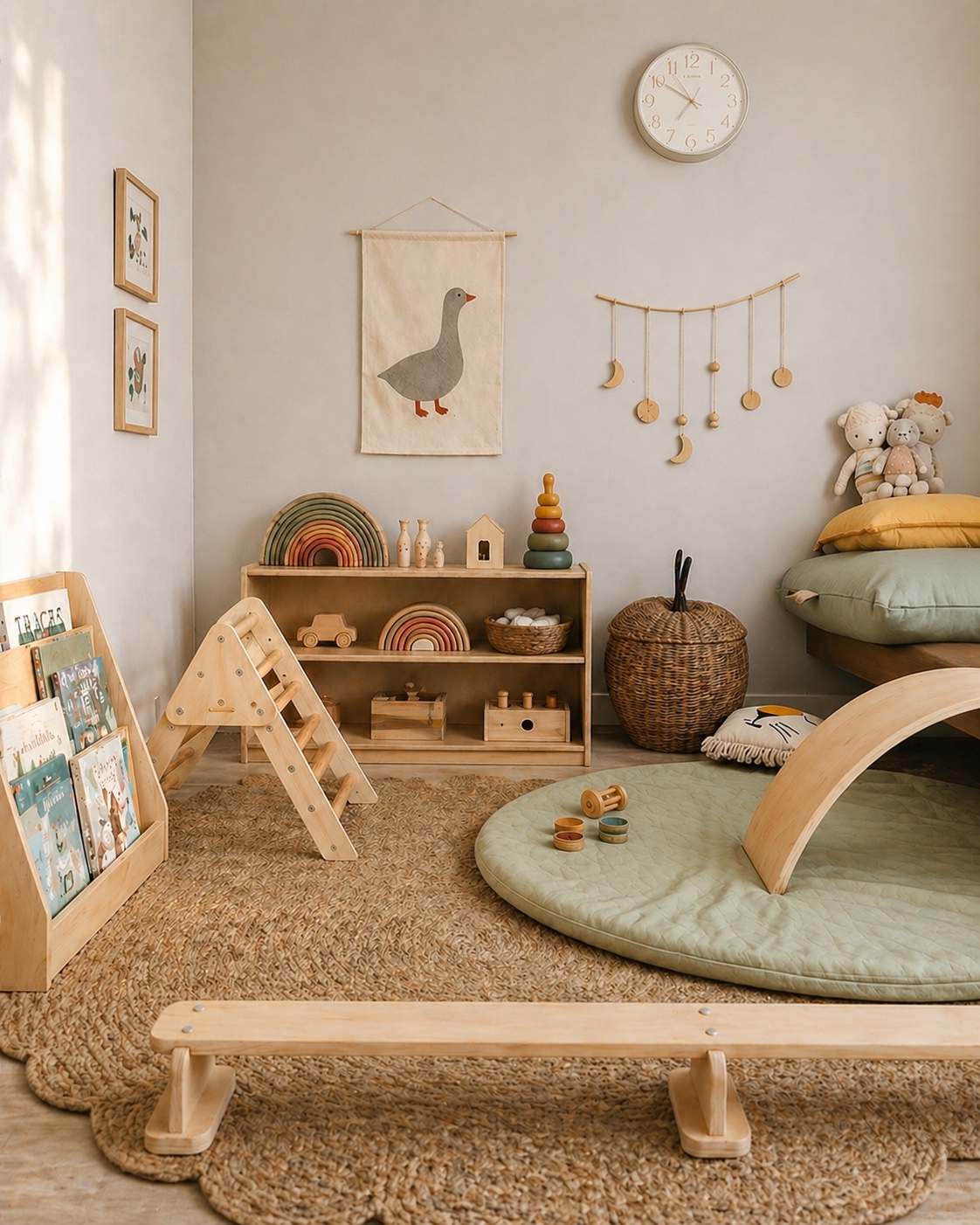 Montessori-style child play space with low shelves, natural materials, and open floor