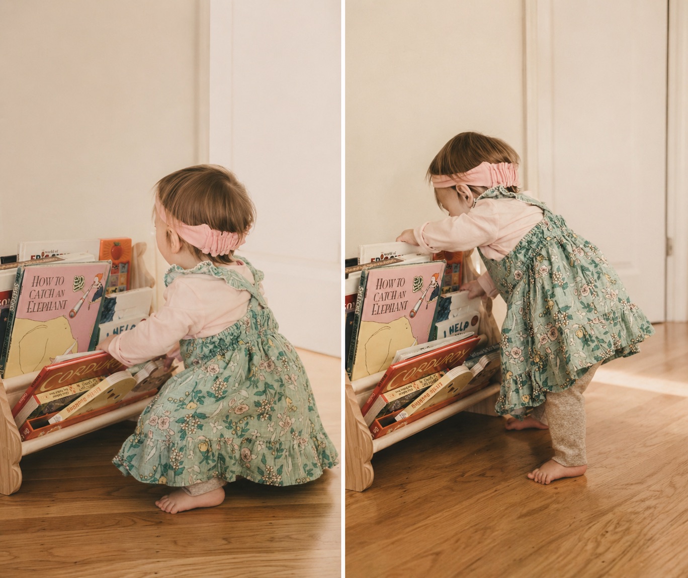 Toddler reaching independently into a low floor-level bookshelf — exploration by design