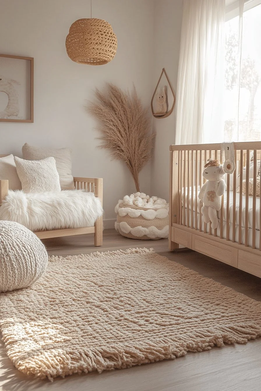Nursing chair positioned beside a natural wood crib — proximity by design