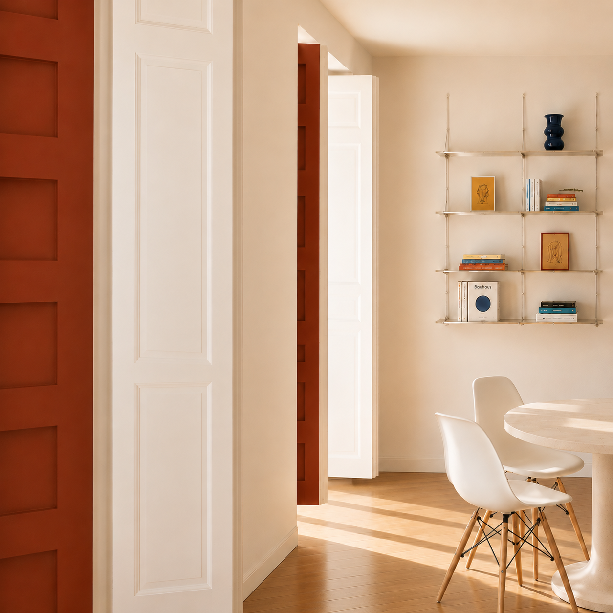 A light-filled interior with warm terracotta accents and thoughtful spatial design