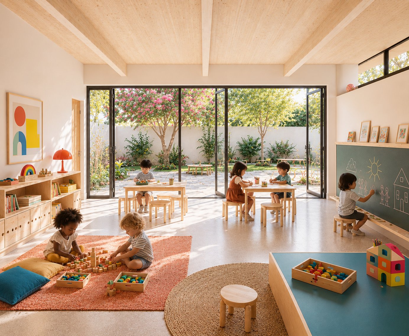 A California school classroom opening directly into a garden, where children learn surrounded by natural light and greenery