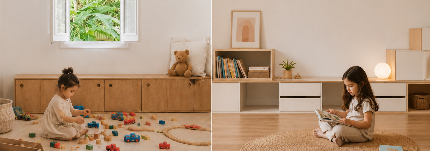 A child playing and reading in an organized space
