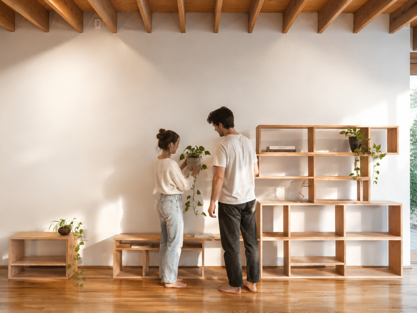 A couple enjoying their transformed space with plants